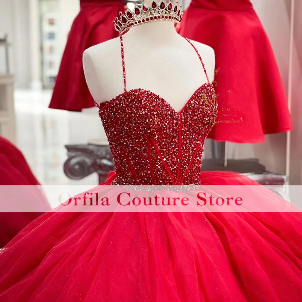 

Princess Red Quinceanera Dresses 2022 Spaghetti Straps Beads Sweet 15 Party Sparkly Sequins Birthday Prom Gowns Custom Size
