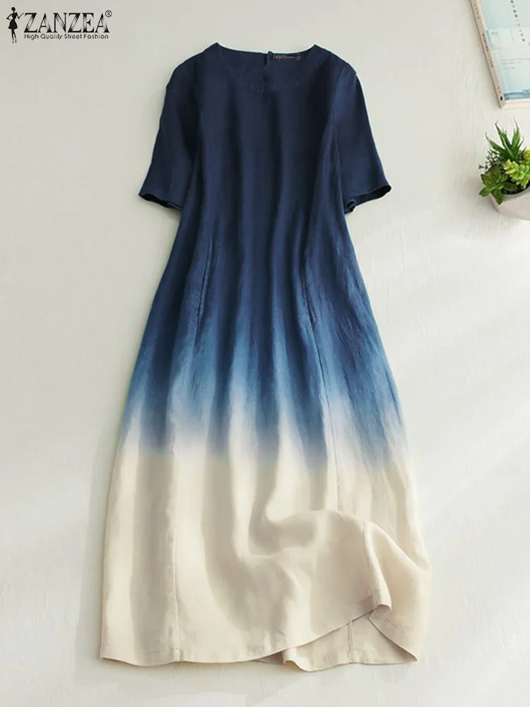 

ZANZEA Vintage Short Sleeve Vestidos Pockets Gradient Printed 2023 New Round Neck Midi Dresses Fashion Women Chic Sundress Robes