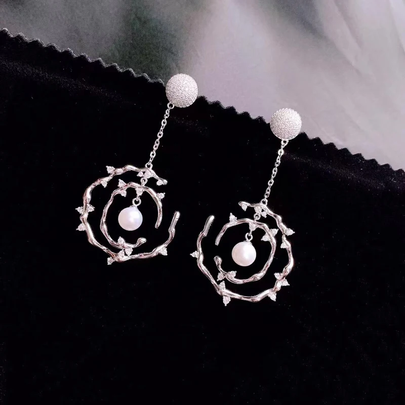 Женские серьги-подвески из серебра 925 пробы с натуральным пресноводным жемчугом