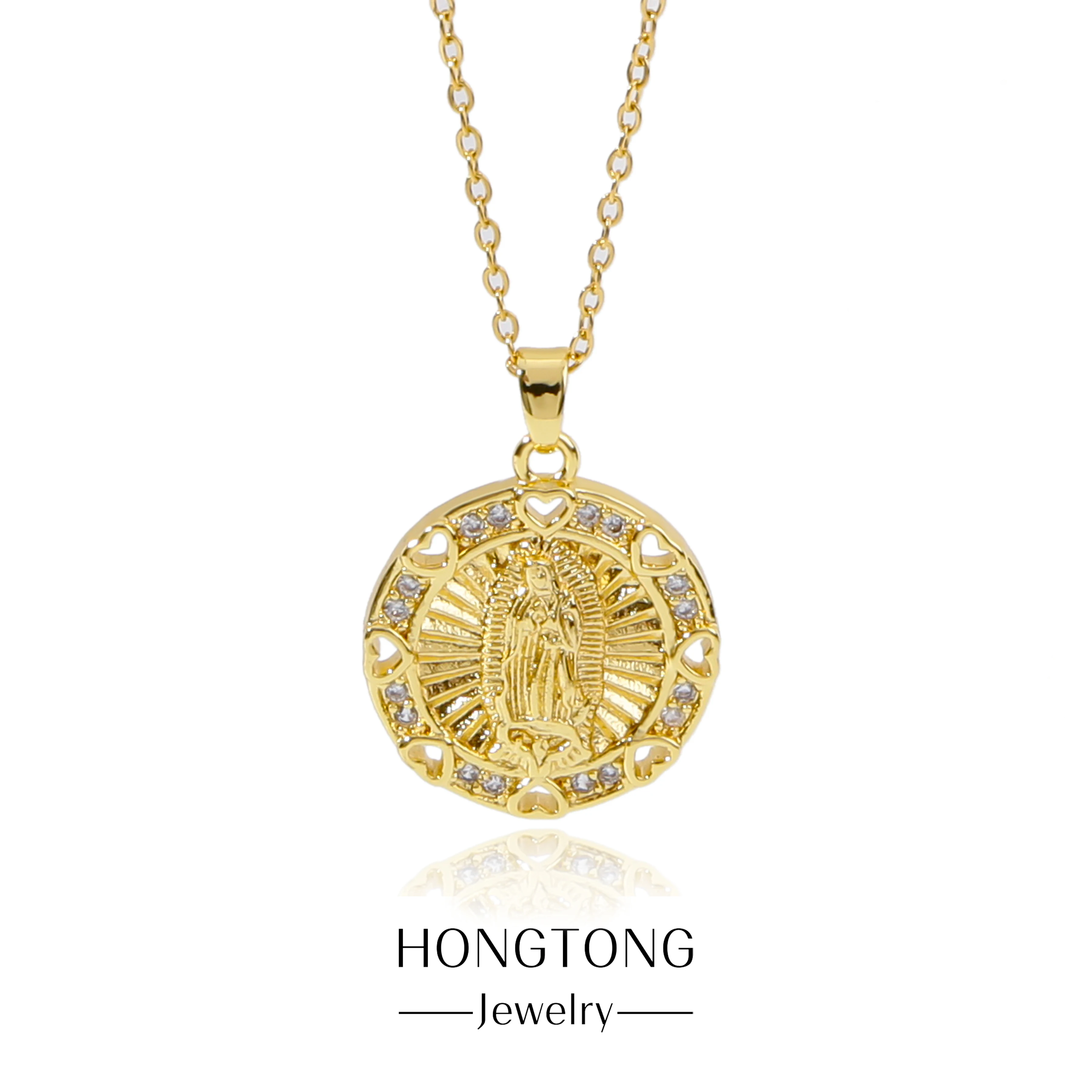 

HONGTONG Virgin Mary Solid Disk Pendant Inlaid Zircon Hollowed Out Heart Type Stainless Steel Necklace Women's Holiday Gift