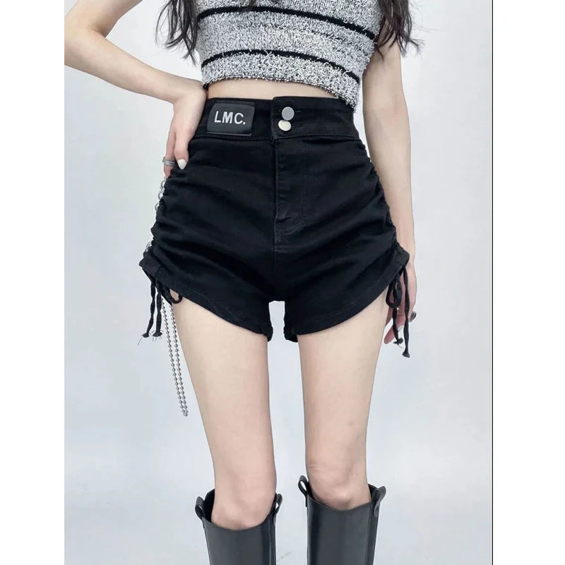 Summer New Solid Color High Waist Denim Shorts Drawstring Slim Stretch Black Hot Pants Korean Fashion Women Clothing