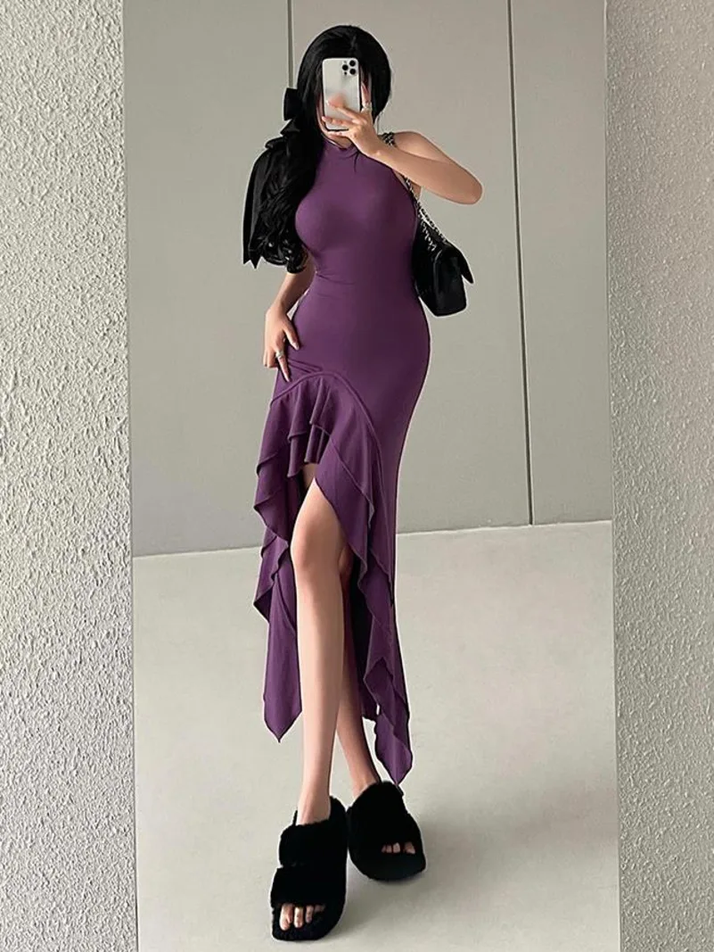 

Slim WOMENGAGA Sexy Tight Round Neck Sleeveless Ruffle High Split Mid Length Dress Hot Sexy Korean Dresses Sweet 2023 P8AH