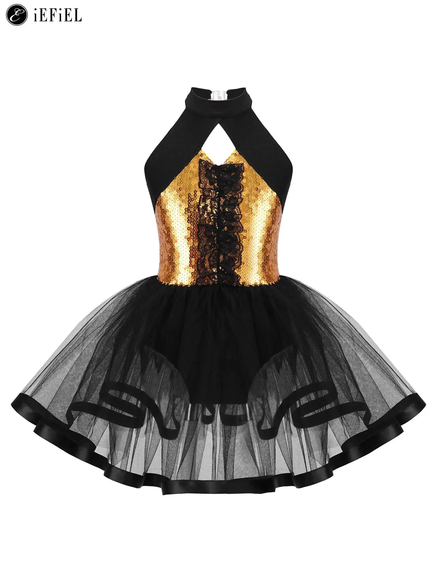 

Kids Girls Sparkly Sequins Halter Backless Ballet Dance Tutu Dress Gymnastics Leotard Modern Contemporary Dancewear Costume