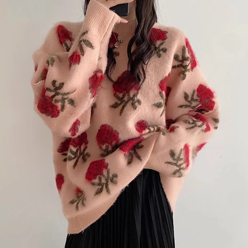 

Autumn Winter Thick O Neck Knitted Sweater Women Sweet Warm Soft Flower Pullover Sweaters New Korean Chic Vintage Knitwear 28367