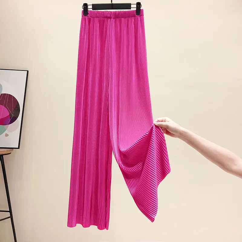 

2022 Women Summer New Ice Silk Wide-leg Pants Female High Waist Chiffon Pleated Trouser Ladies Loose Straight Mopping Pants D174