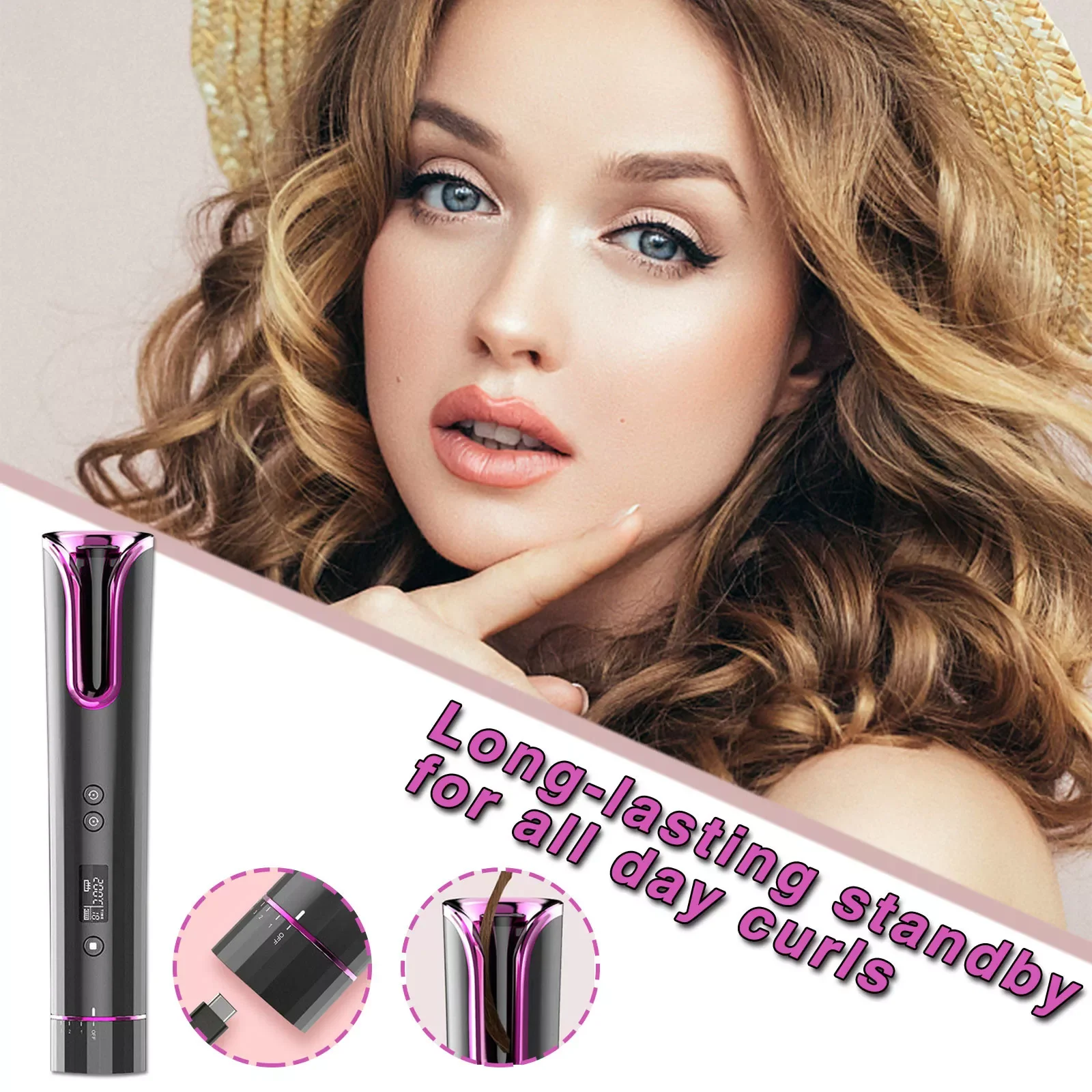 

Коврик для завивки с подогревом, автоматическая плойка с ЖК-дисплеем, новинка 2023 Щипцы для завивки керамические перезаряжаемые беспроводны...