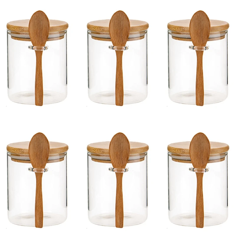 

6X Glass Food Airtight Canister Castor Wooden Twist Lid Kitchen Candy Storage Tank Jar Bamboo Food Container