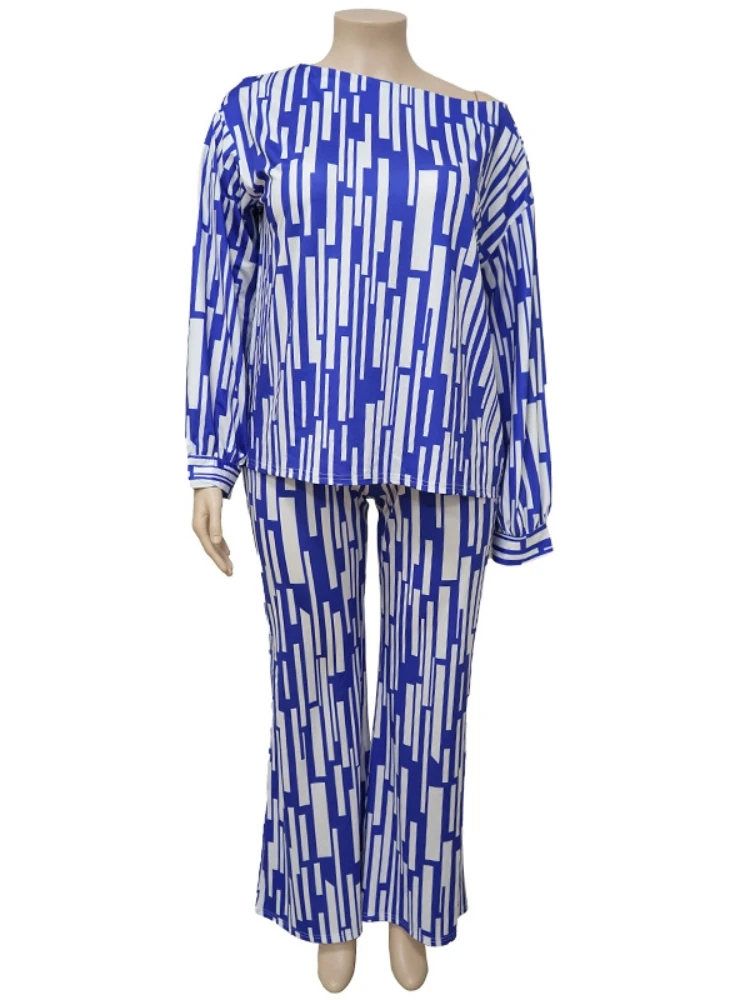 4XL Plus Size Matching Sets Women Stripe Long Sleeve T Shirts + Wide Leg Pant Suits 2 Piece Female Casual Loose Outfits 2023