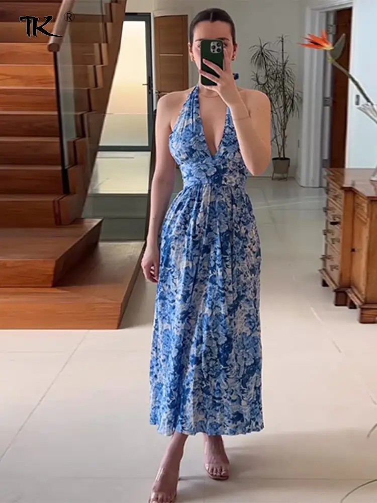 

Printed Halter Bodycon Dress Women Sleeveless Lace Up Backless Fold Midi Dresses Fashion High Waist Deep V-neck A-line Vestidos