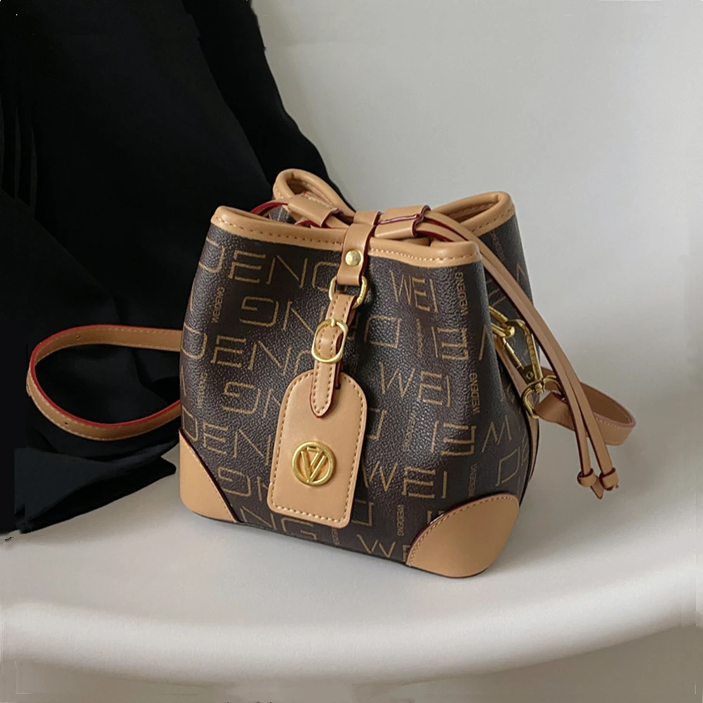 

Burminsa Letters Print Drawstring Bucket Small Shoulder Crossbody Bags For Women New 2022 Trend Fashion Designer Ladies Handbags