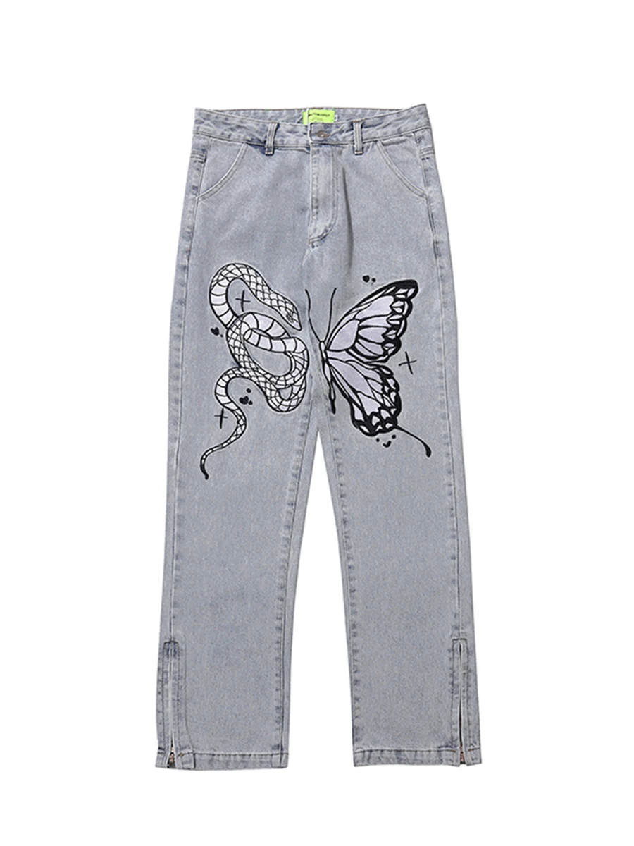 European High Street Butterfly and Snake Embroidered Straight Jeans Men's Ankle Zipper Retro Pocket Loose Denim Trousers Hip Hop