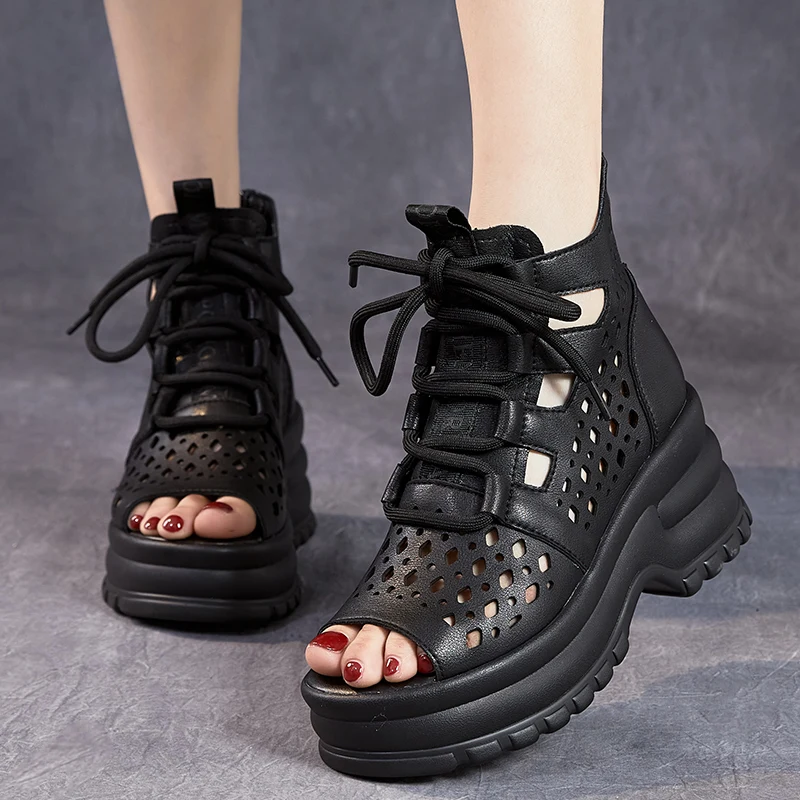 Breathable Summer Hollow Women Ladies Moccasins Zipper Soft Fashion Sandals Shoes Women's Genuine Leather Ankle Boots New 2023