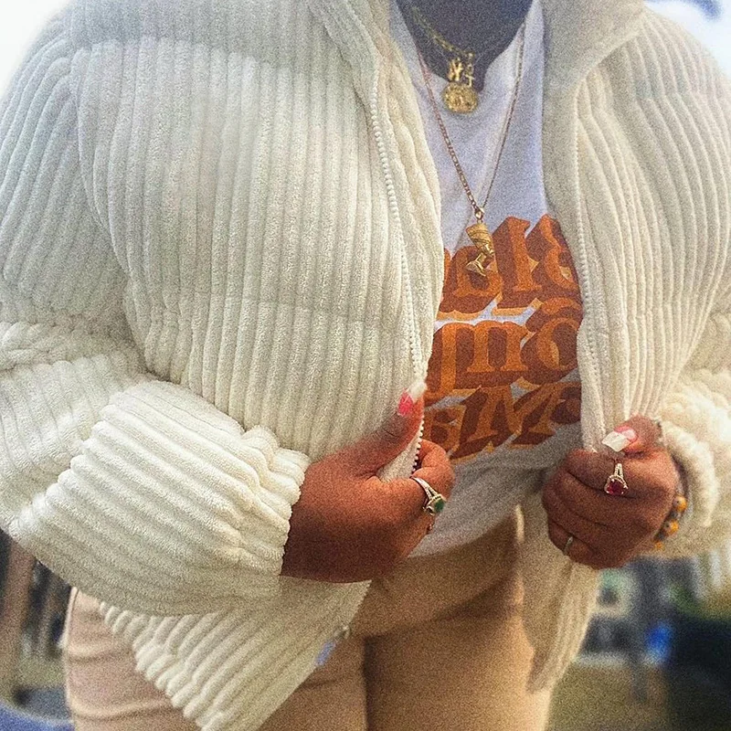 Fashion Corduroy Stand Collar Cotton Coat Women 2022 Autumn Winter Casual Korean Thick Jacket Long Sleeve Warm Bread OverCoat