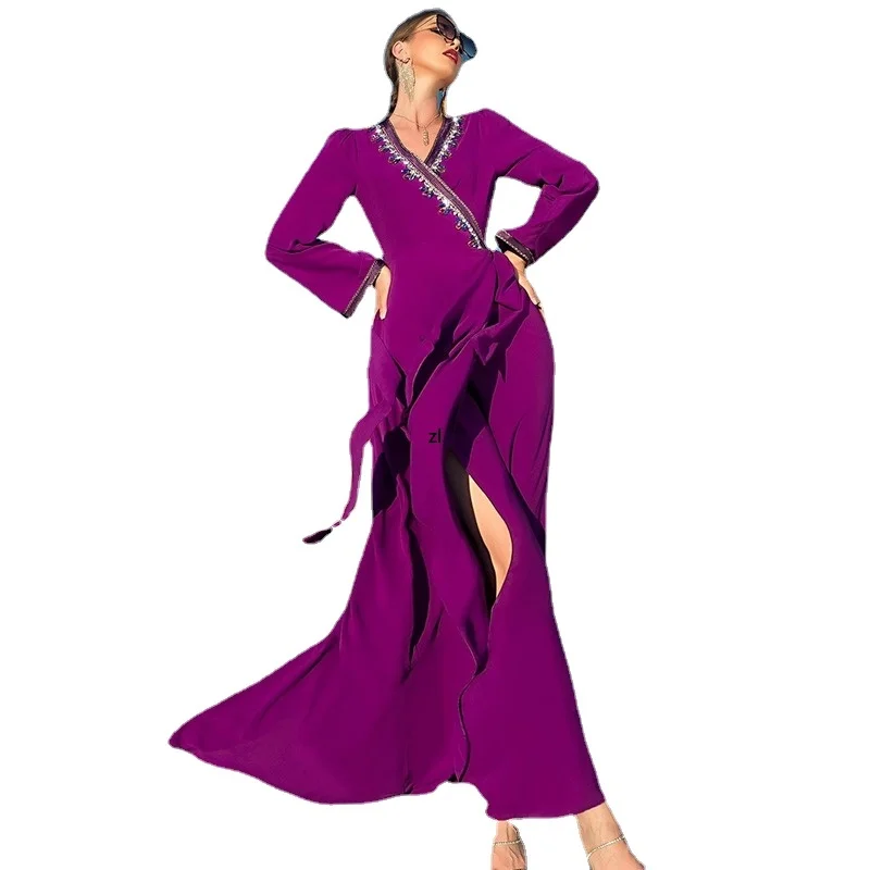 

Asymmetrical Ruffle Split Swing Maxi Dress Women Hand Sew Diamond Slanted V Neck Long Sleeve Dubai Morocco Caftan 2022