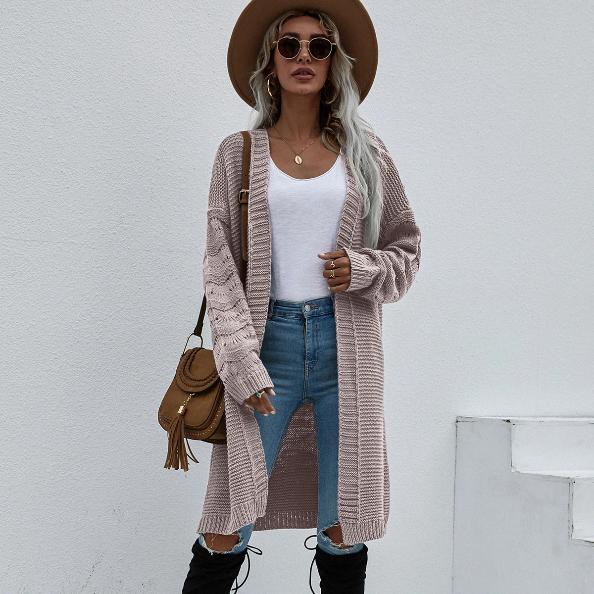 

OL Commuter Cardigan Solid Color Women's Long Sleeve Loose Knit Sweater Women Sweater Coat Winter Casual Long Knitted Cardigans