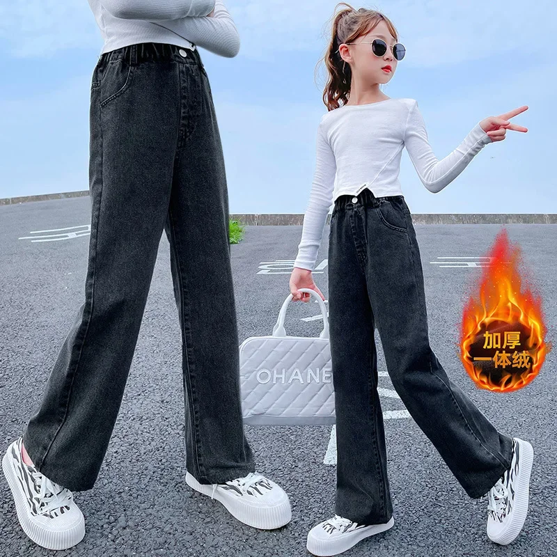 Зимние термоджинсы для детей модный дизайн девочек теплые утепленные джинсовые