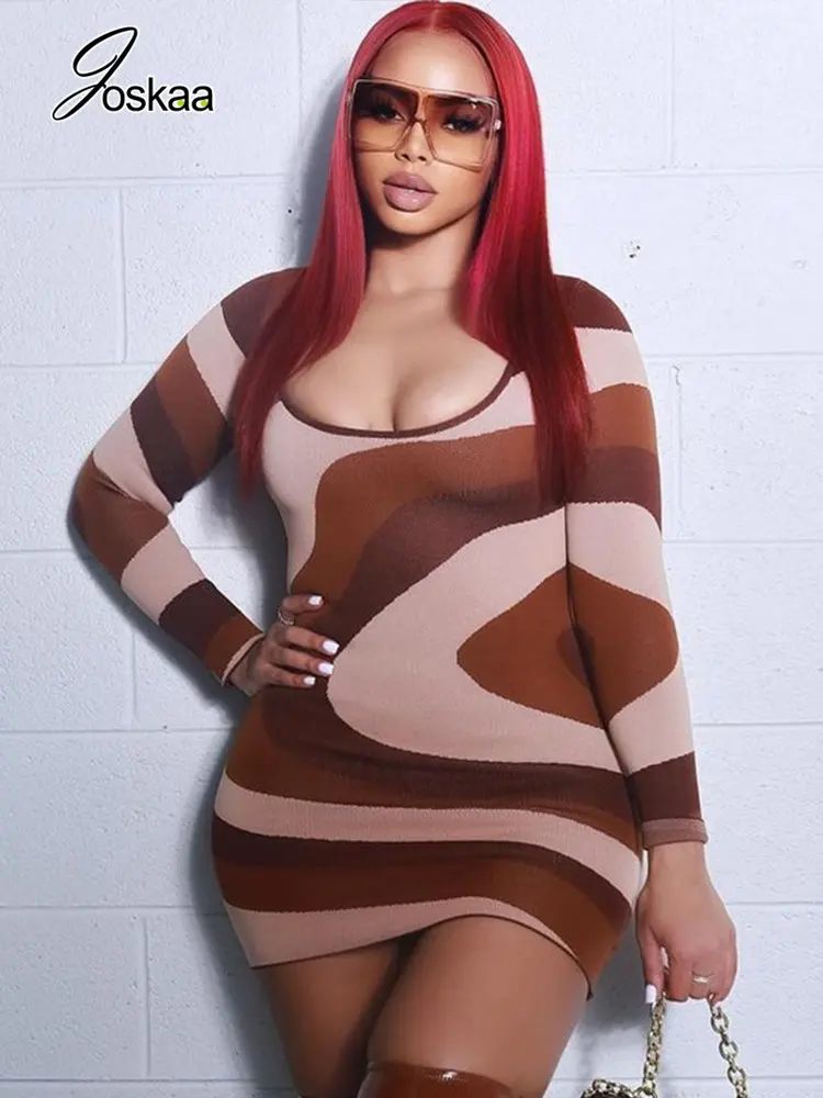 

Joskaa Harajuku мини-платья в полоску с принтом для женщин 2023, уличная одежда, сексуальное платье с круглым вырезом и длинным рукавом