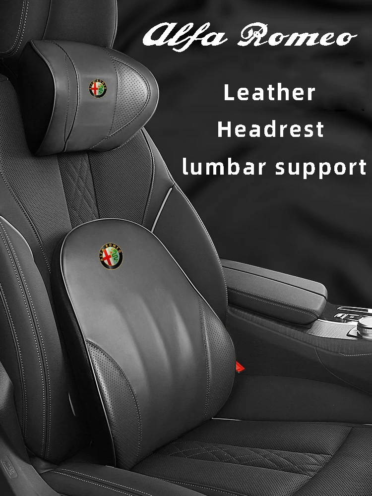 Leather Headrest Lumbar Support Memory Cotton Pillow For Alfa Romeo Giulia Stelvio Giulietta Mito 4C 159 147 156 GT Car Supplies