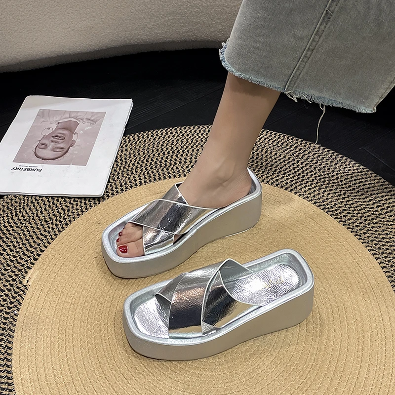 

Женские Искусственные элегантные туфли на платформе и высоком каблуке, привлекательные летние женские мюли, повседневная женская обувь