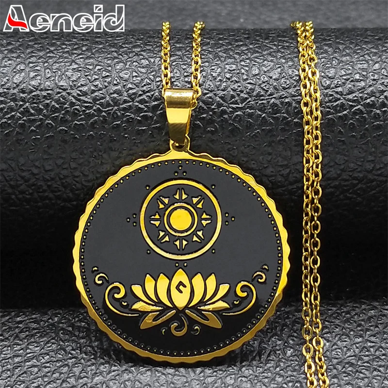 

Sun Lotus Flower Pendant Necklace for Women Men Stainless Steel Gold Color Necklaces Yoga Healing accesorios para mujer N7900S04