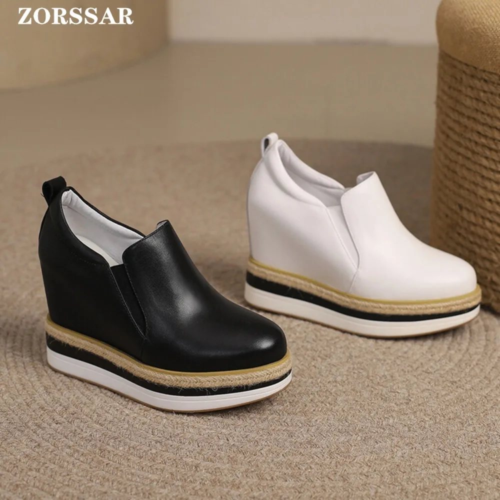 Женские кроссовки на танкетке из натуральной кожи 12 см повседневные дышащие