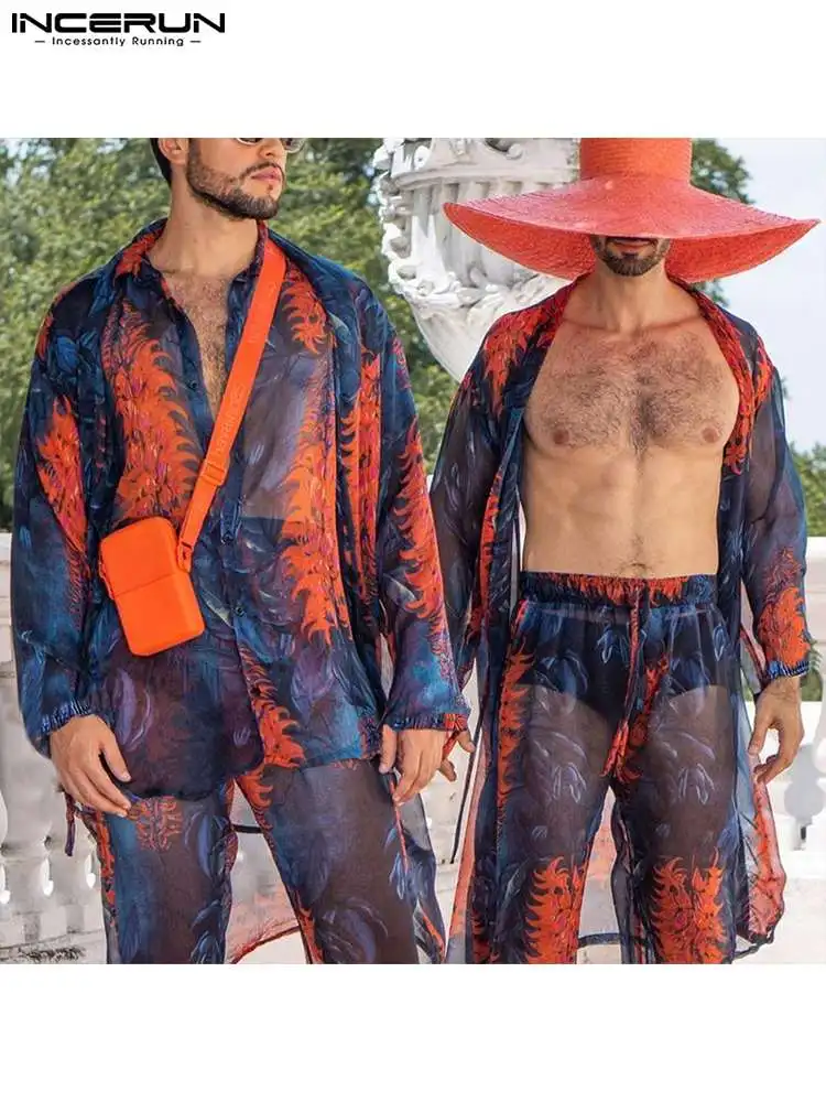 

Casual Vacation Style Men's Tops INCERUN See-through Leaf Printing Blouse Stylish Male Loose Long-sleeved Cardigan Shirts S-5XL