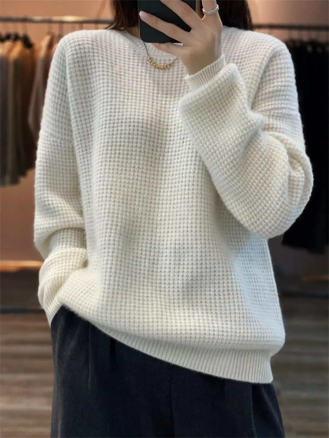 

2023 Autumn/Winter New Thickened Women's Top Crewneck Cashmere Sweater Loose Knitted Bottoming Sweater
