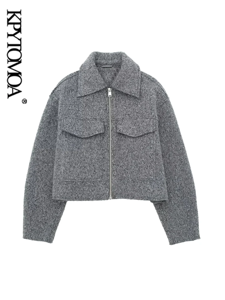 

KPYTOMOA Женская модная укороченная куртка с накладными карманами, пальто, винтажная женская верхняя одежда с длинным рукавом и молнией спереди, шикарные топы