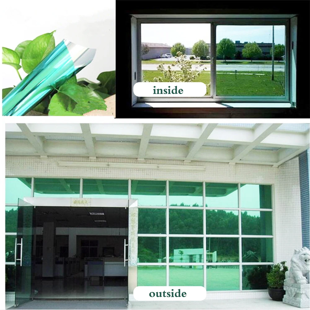 

60x200 Cm Green Silver One Way Mirror Window Film.Self-adhesive PET Opaque Privacy Glass Tint Reflective Solar Film For Home