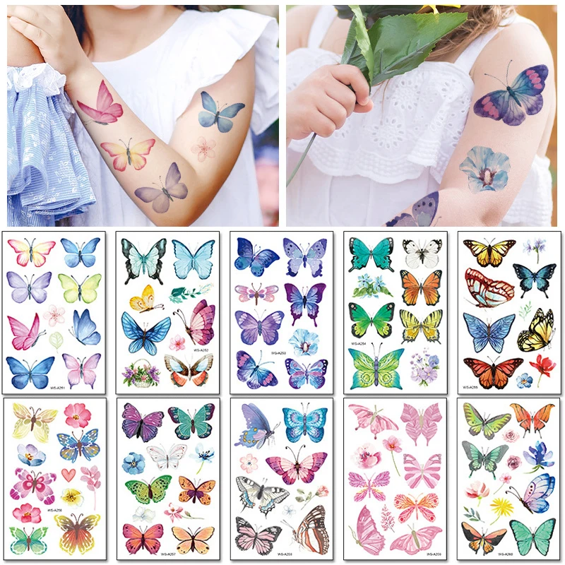 

Временные татуировки в виде бабочки для детей, 10 шт., маленькие тату-наклейки для детей, искусственная кожа, подарок на день рождения для девочек
