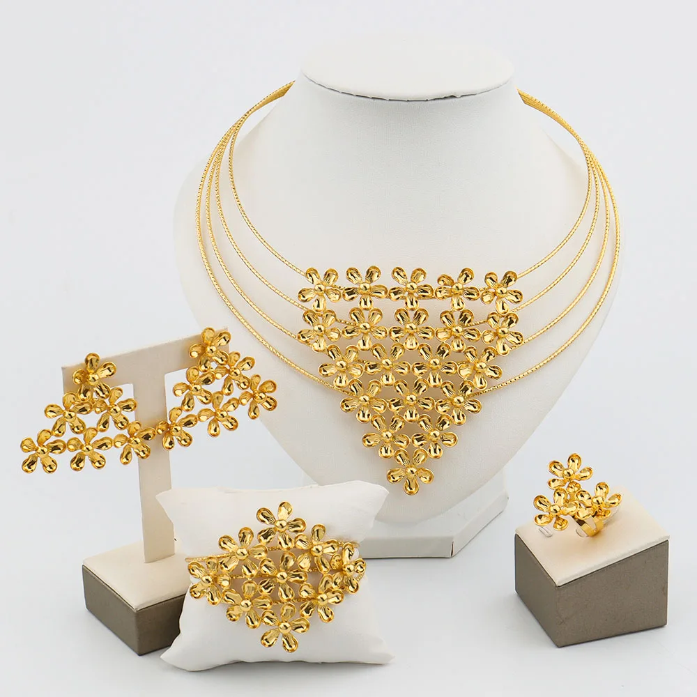 

Свадебные серьги с цветами, Женский комплект ювелирных изделий, Африканское ожерелье, кулон, Дубай, Позолоченный Кулон, кольцо, браслеты, на...