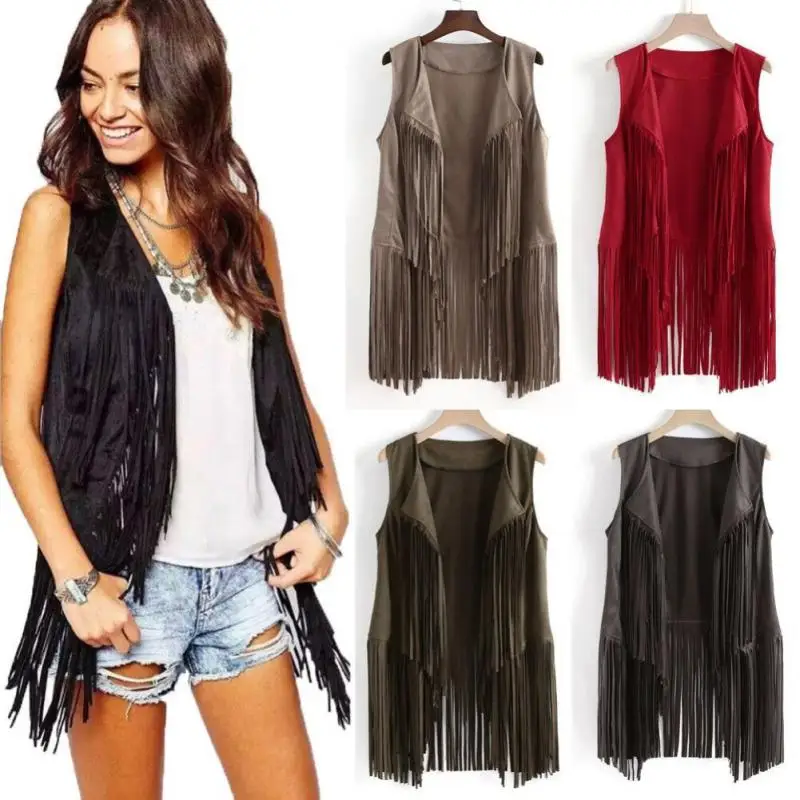 

New Summer Women Vest Sleeveless Leather Coat Motorcycle Vest Tops Autumn Imitation Ethnic Suede Tassels Loose Fringed Vest