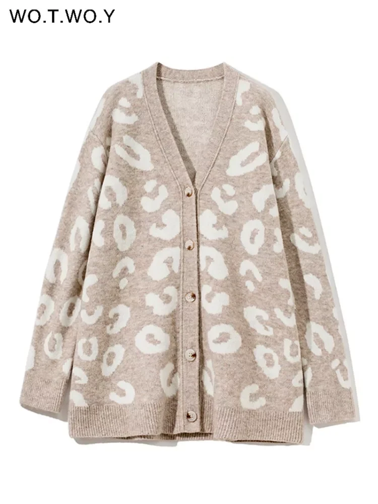 

WOTWOY Autumn Winter V-Neck Knitted Cardigans Women Single Breasted Printed Loose Sweaters Female Casual Cardigans Soft Knitwear
