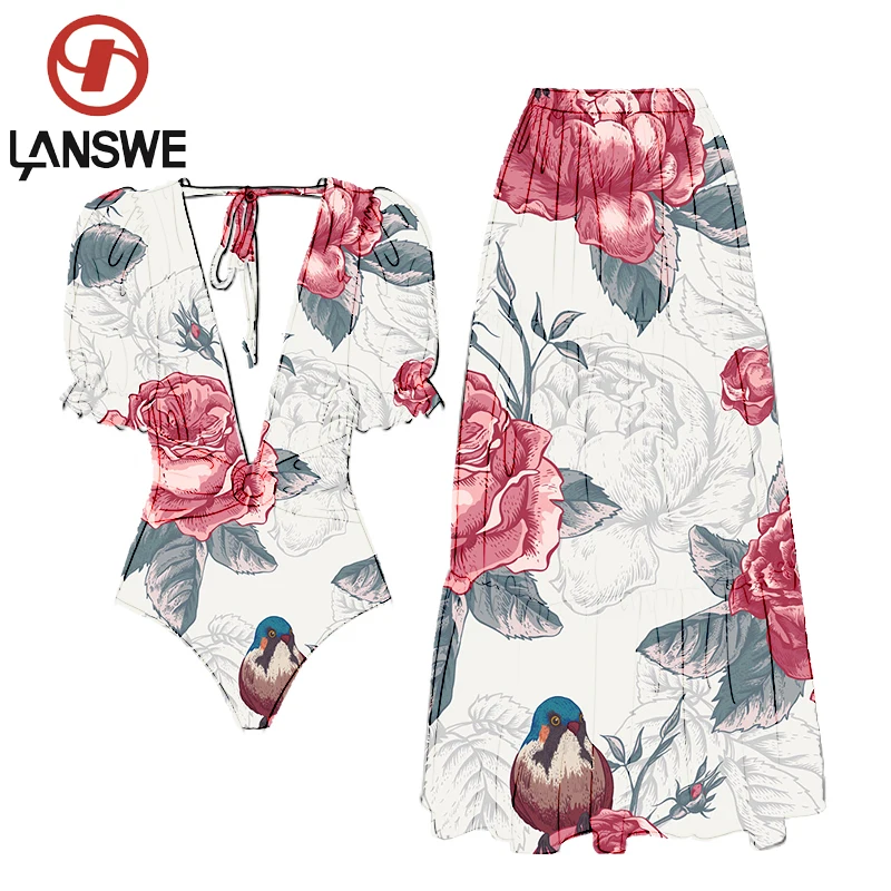 Lanswe2023 New Fashion Women Swimsuit Vintage Print Deep V Backless Fresh One-Piece Swimwear High-End Cover Up  Beach Wear