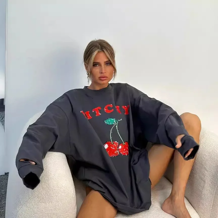 Новинка весна-осень 2024 пуловер с принтом сакуры свитшот женский модный Свободный