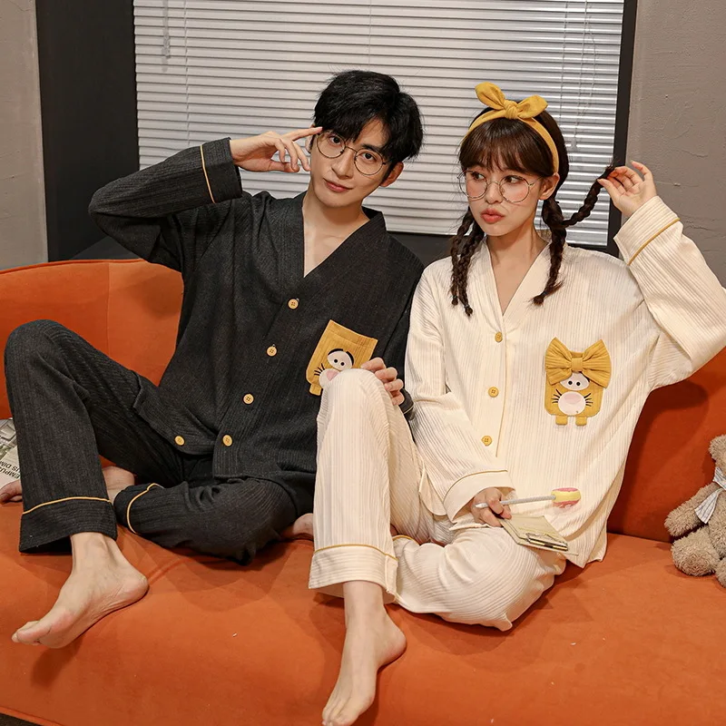 Korean Sweet Couples Sleepwear Men Long Pijamas Set Women Homewear Male Female Pajamas Pjs Casual Home Clothes Homme Drop ship
