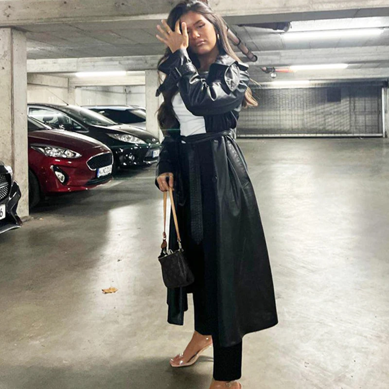 Elegant Black Faux Leather Trench Femme Outwear Fashion Winter Double Breasted Belt Oversize Office Ladies Pu Long Coat Women