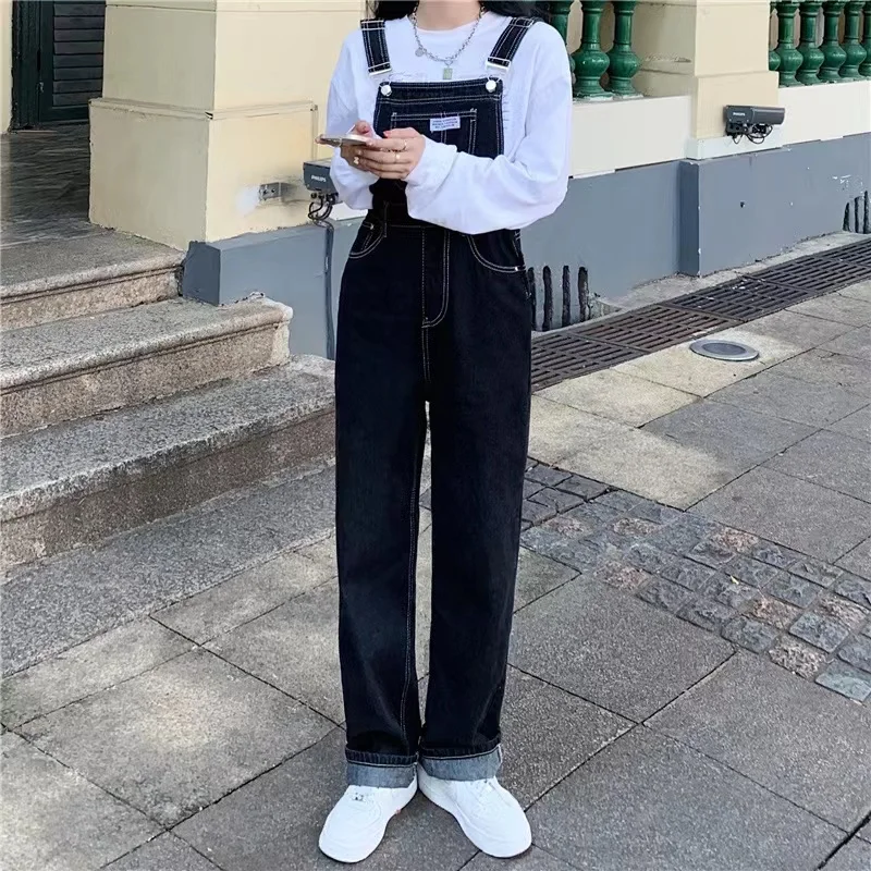 Женские джинсовые комбинезоны черные прямые с широкими штанинами уличная одежда