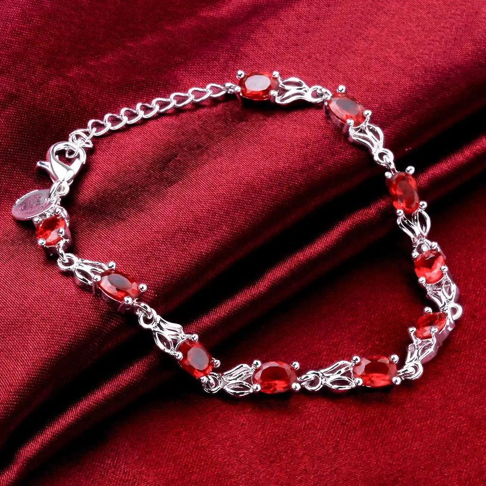 

Factory direct fashion 925 Stamp Silver color Bracelet for woman Vintage red crystal chain Luxury jewelry Wedding party gift