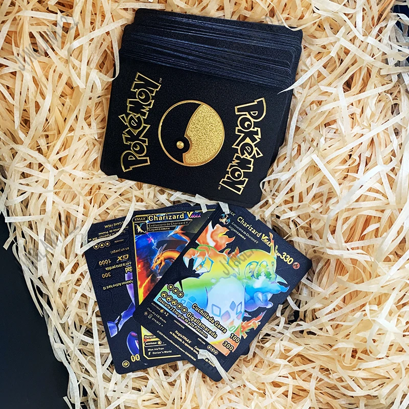 

Pokemon Metal Card Pack Vmax Case Mew GX Box Gold Silver Charizard Spanish Set Eevee Letter Black English Pikachu Paper V Mewtwo