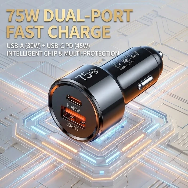 Фото Двухпортовое автомобильное зарядное устройство 75W с быстрой зарядкой PD 45W и QC 30W, интеллектуальный чип, многоуровневая защита, для автомобилей и iPhone №1