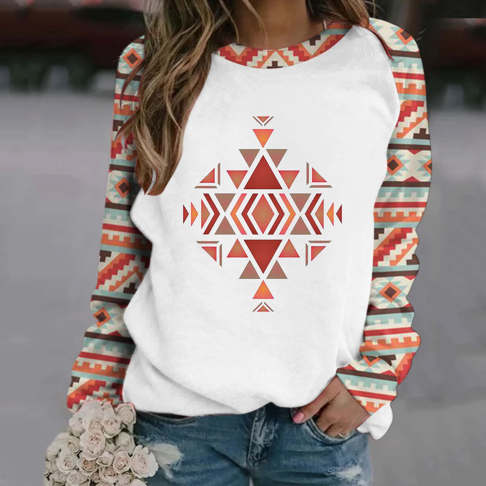 

Women's Long Sleeve Top Sweatshirt Western Aztec Print Top Round Neck Sweatshirt Long Cute Zip up Hoodie Zipper Front Hoodies