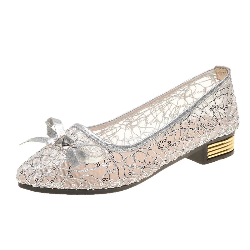 

2022 New Summer Mesh Shoes Women's Low Heel Large Size Mesh Pointed Bow Rhinestone Lace Shallow Mouth Women's Shoes