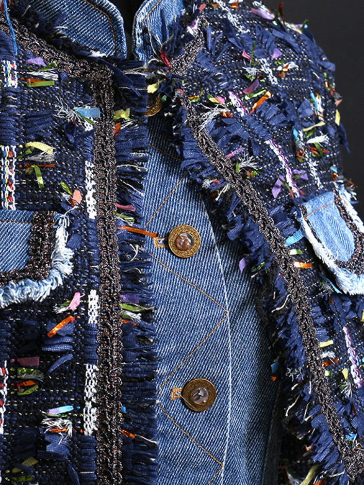 [EAM] Свободная черная джинсовая твидовая куртка большого размера Новое Женское