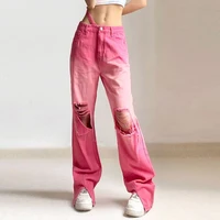 hot girl y2k streetwear denim trousers women washed gradient straight high waist jeans 2022 summer baggy wide leg pants woman