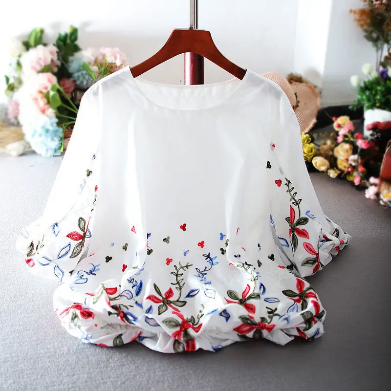 

2020 SummerNew Fashion Loose Shirt Office Lady Sleeve Women StripeChiffon Blouse Short Flower Print TopCasual WearWhite