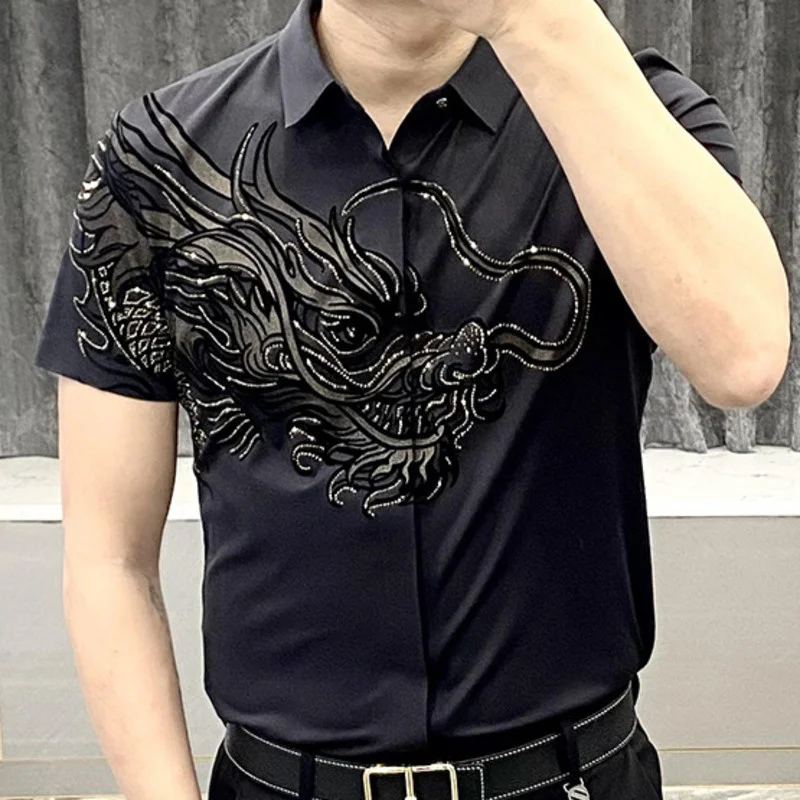 

Fashion Diamond Animal Dragon Shirt Mens Streetwear Casual Lapel Homme 2023 High Quality Summer Men Short Sleeve