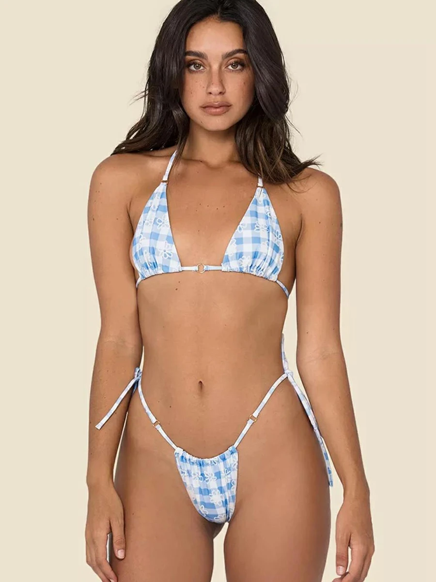 

Женское бикини из двух частей с принтом в клетку, бюстгальтер на бретельках и стринги, Раздельный купальник, костюм для плавания, пляжного о...