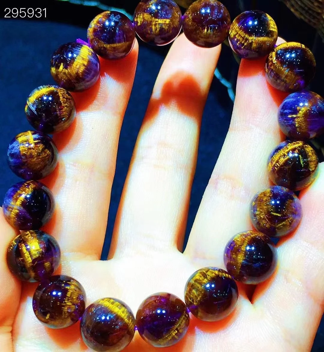 

Genuine Natural Cacoxenite Purple Rutilated Quartz Bracelet 11.2mm Women Men Stretch Crystal Clear Round Beads AAAAAA