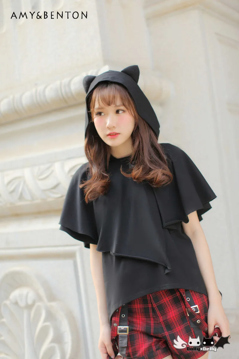 

Harajuku Black Cute Cat Ears Irregular Cloak T-shirt Two-Piece Set Japanese Short Sleeve Loose Casual T Shirt Top Summer Clothes